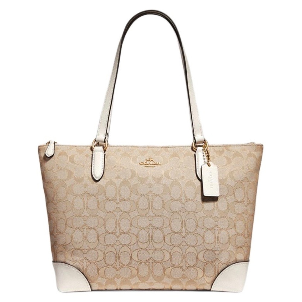 COACH Leather Signature Canvas Zip Top Tote WHITE